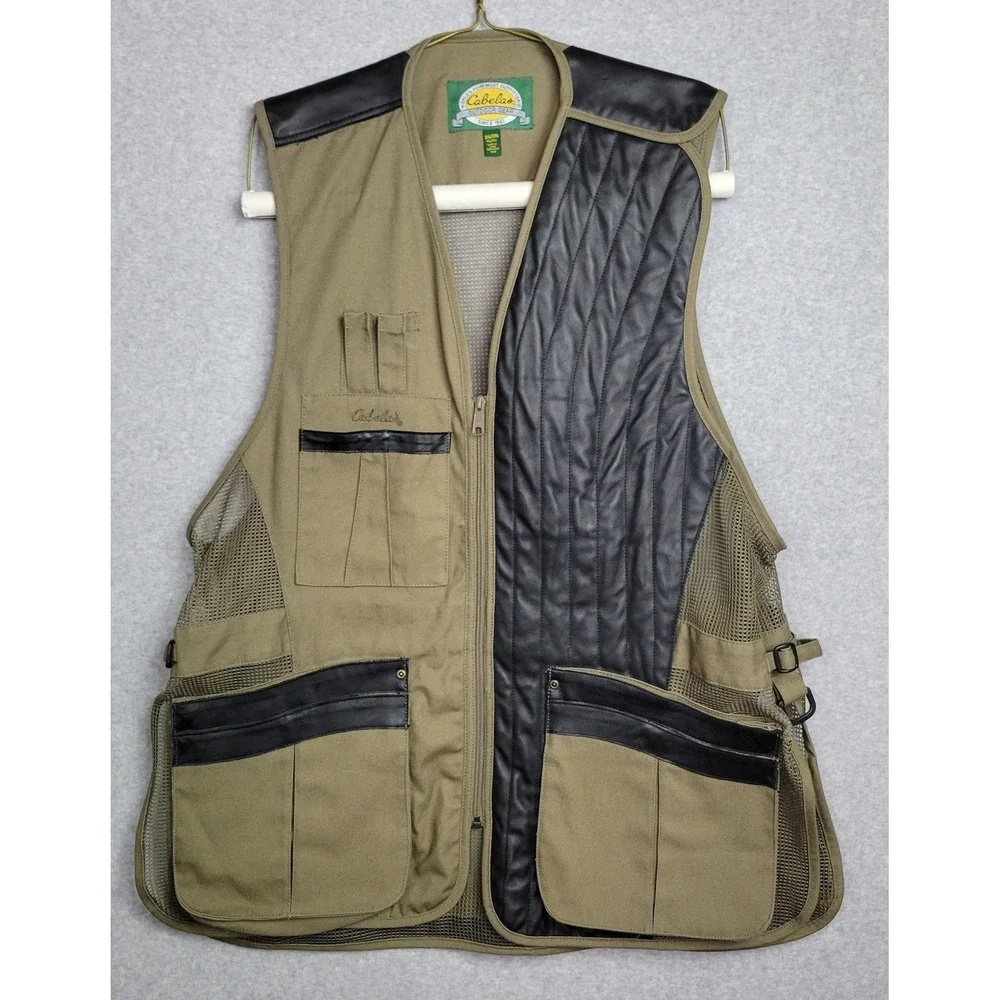 Cabelas Mens 2XL Shooting Vest Olive Canvas & Leather Recoil Pad Mesh Back